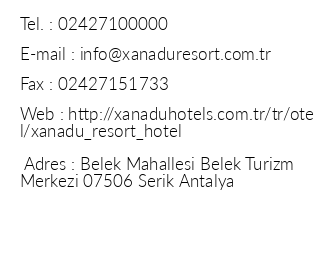 Xanadu Resort Hotel iletiim bilgileri